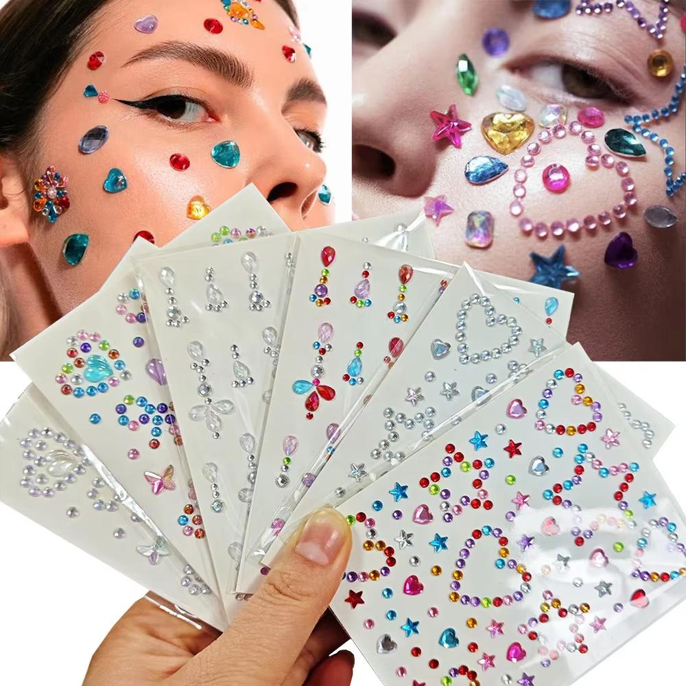 Body Jewelry Stickers - 1 Sheet Colorful Bow/Star/Heart Face Rhinestone